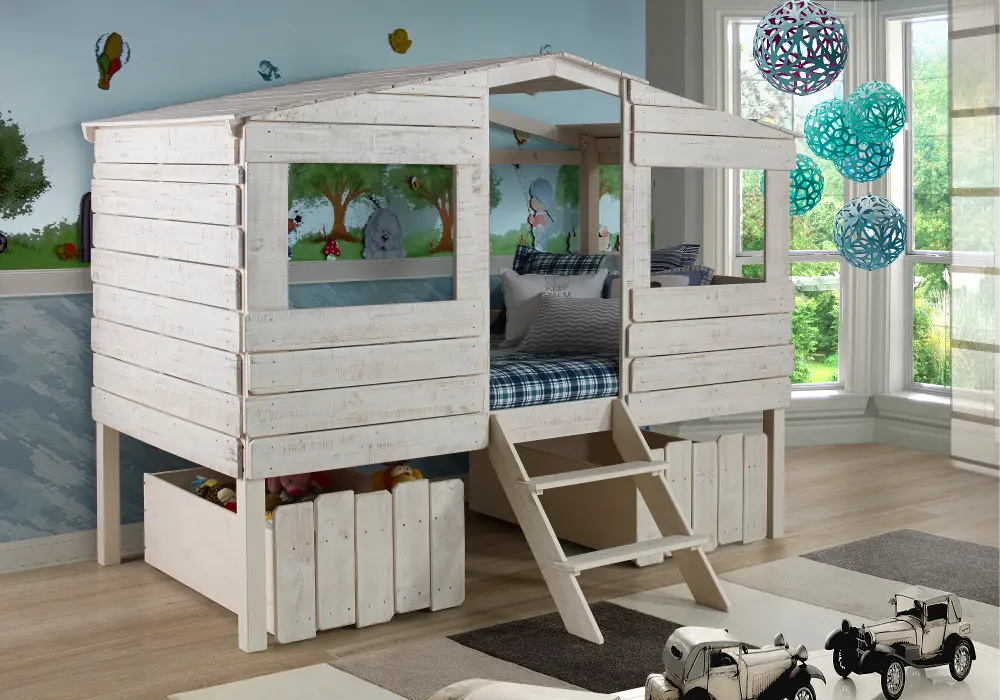 Rustic Sand Twin Loft Bed with Storage Drawers - Treehouse-1