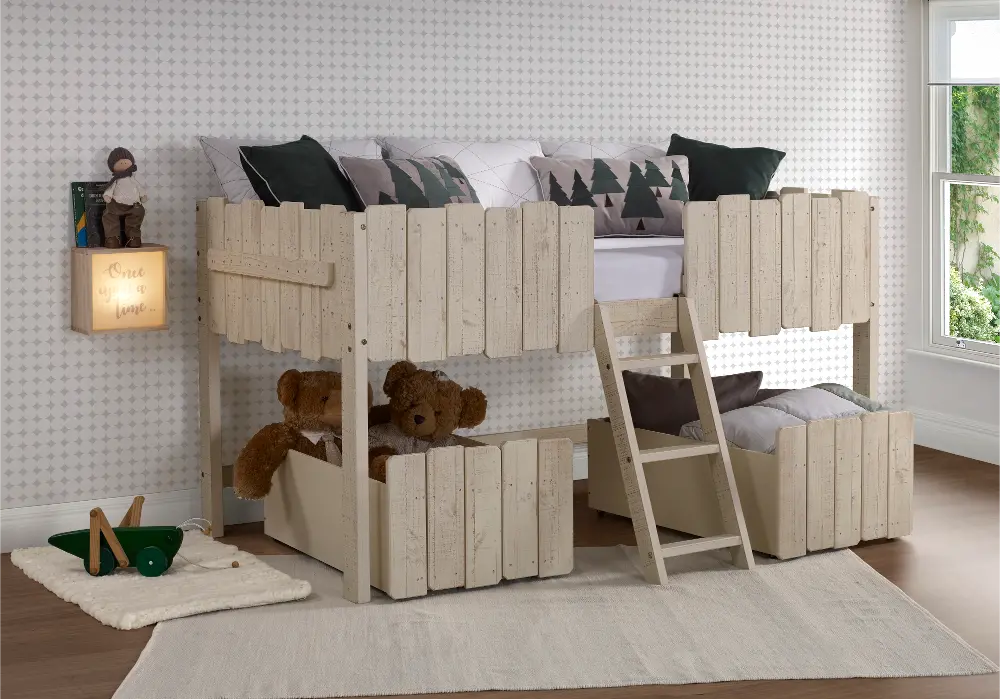Rustic Sand Twin Low Loft Bed with Storage - Picket Fence-1