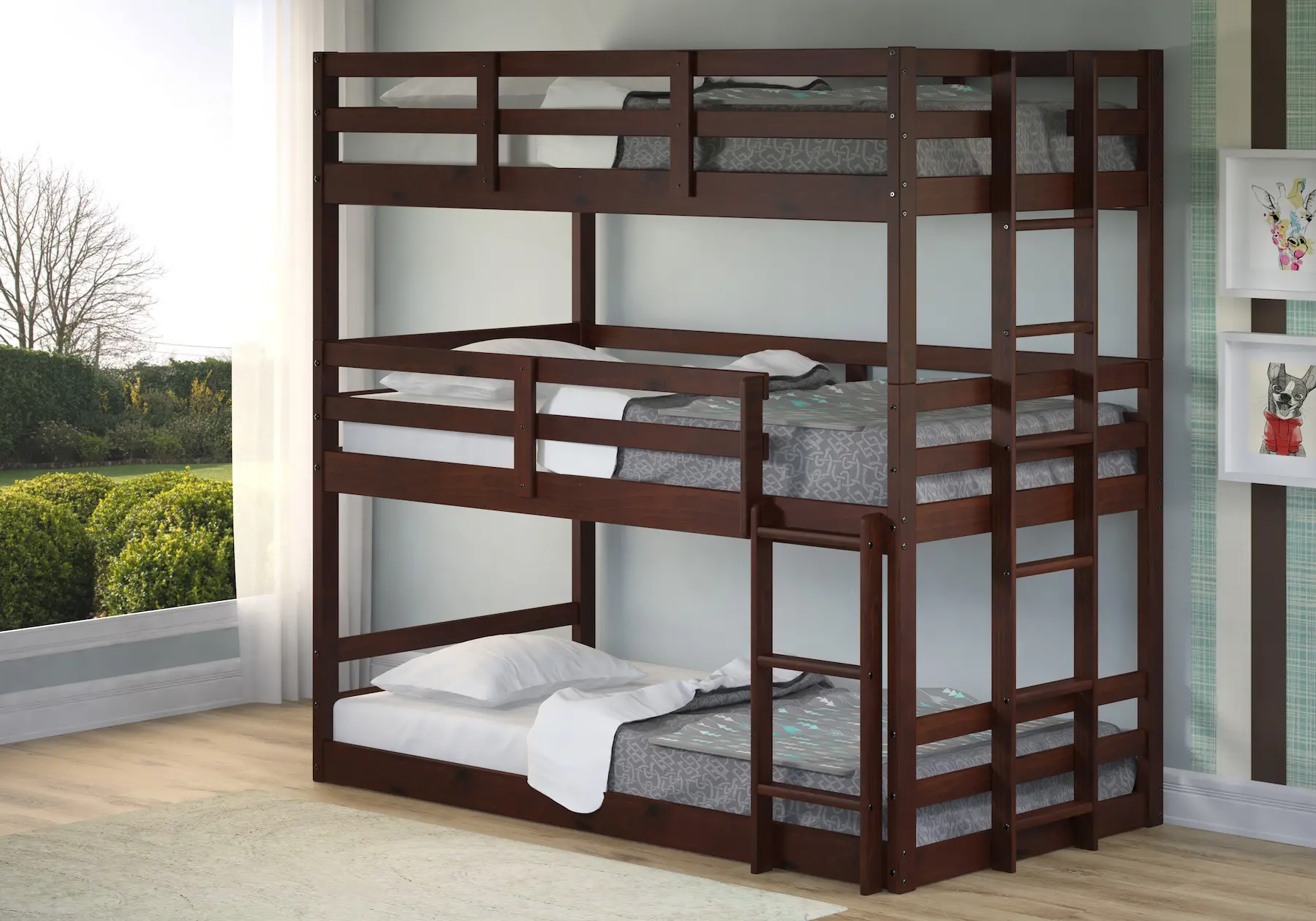 Cappuccino Brown Triple Twin Bunk Bed - James