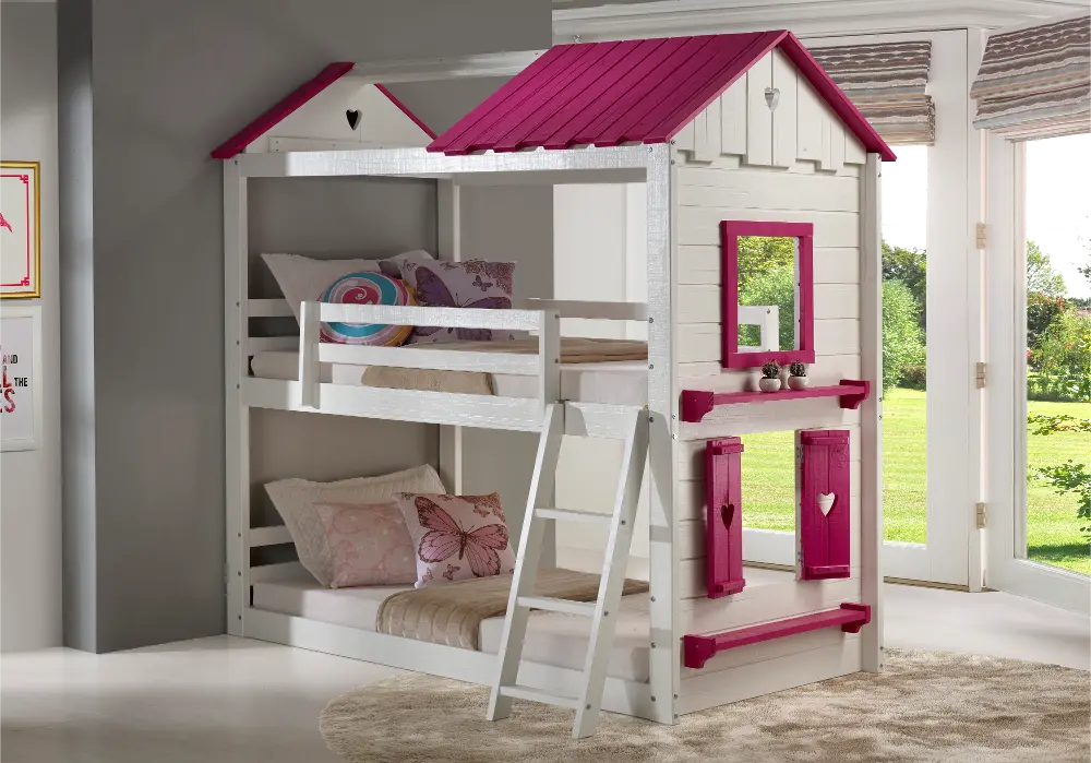 White and Pink Twin over Twin Bunk Bed - Sweetheart-1