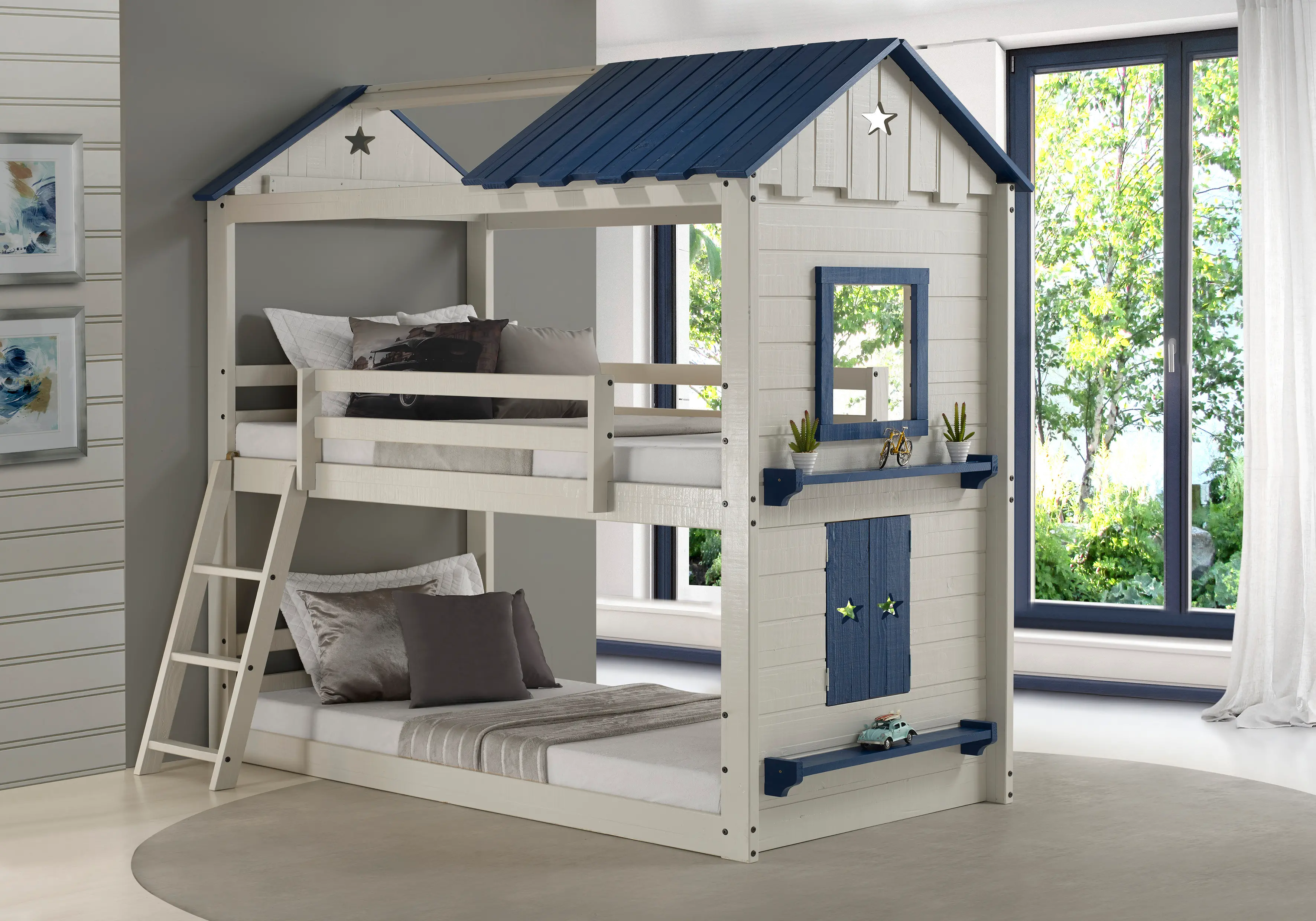 1580-TTLGB White and Blue Twin-over-Twin Bunk Bed - Star Gaze sku 1580-TTLGB