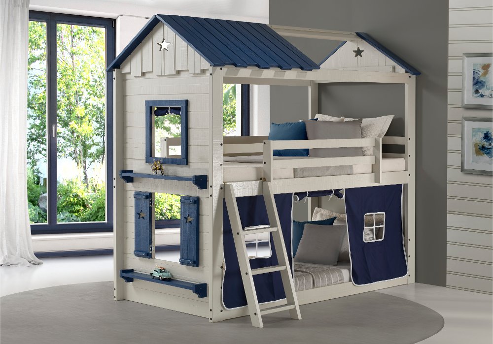 Star Gaze White and Blue Twin-over-Twin Bunk Bed with Tent