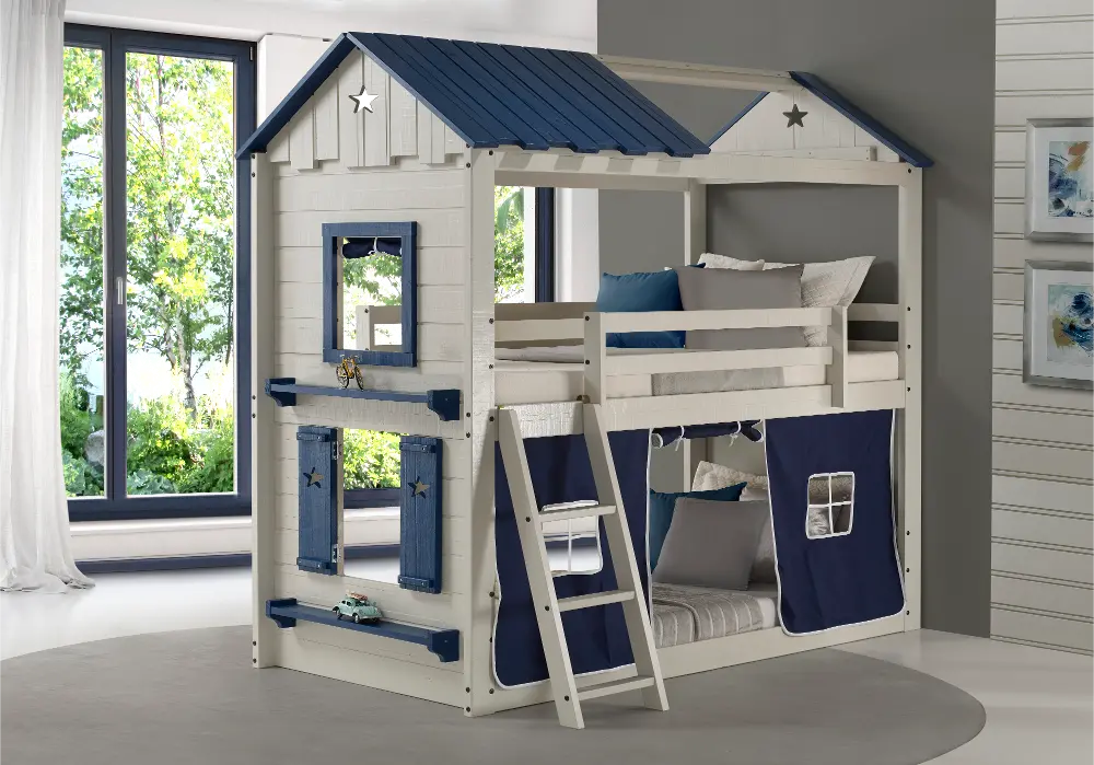 Star Gaze White and Blue Twin-over-Twin Bunk Bed with Tent-1