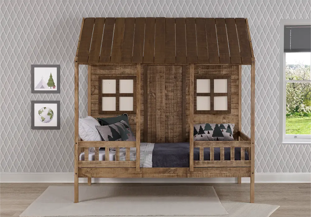 Rustic Driftwood Twin Low Loft Bed - Front Porch-1
