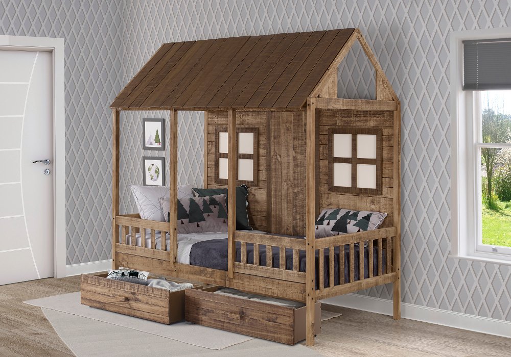 Rustic Driftwood Twin Low Loft Bed with Storage - Front Porch