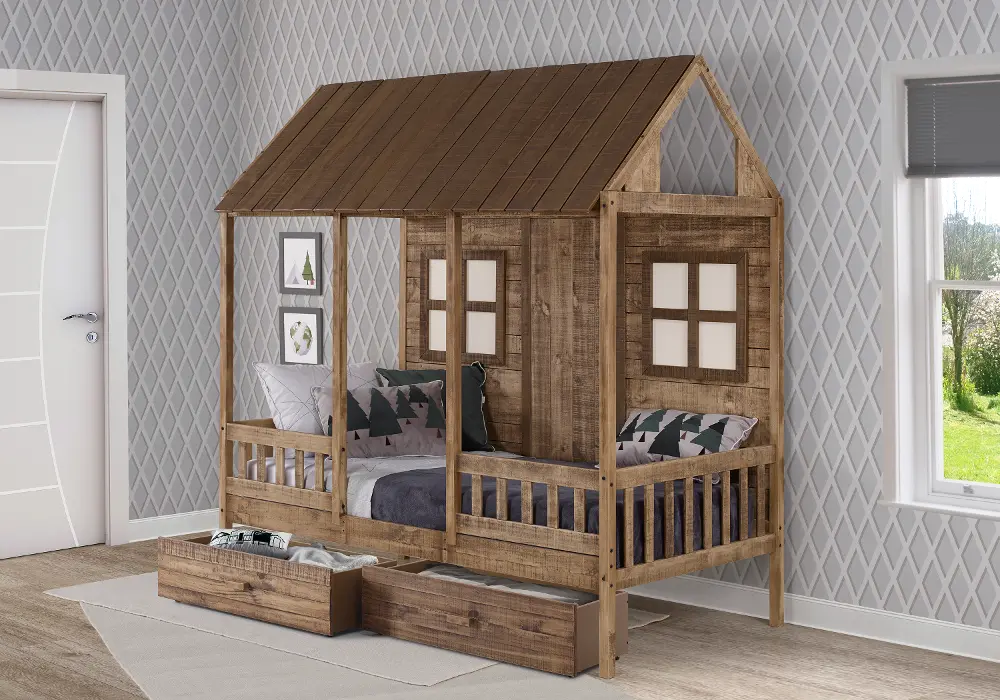 Rustic Driftwood Twin Low Loft Bed with Storage - Front Porch-1