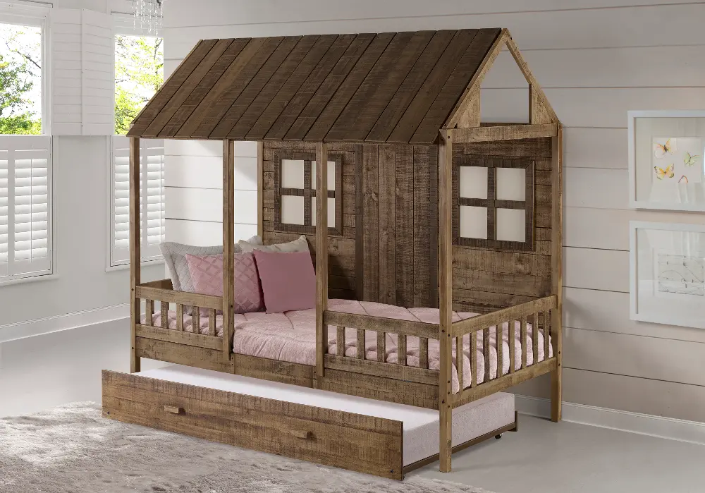 Rustic Driftwood Twin Low Loft Bed with Trundle - Front Porch-1