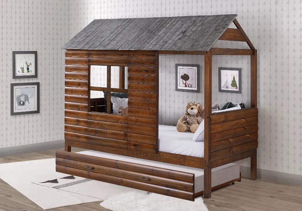 Rustic Walnut Brown Twin Low Loft Bed with Trundle - Log Cabin-1
