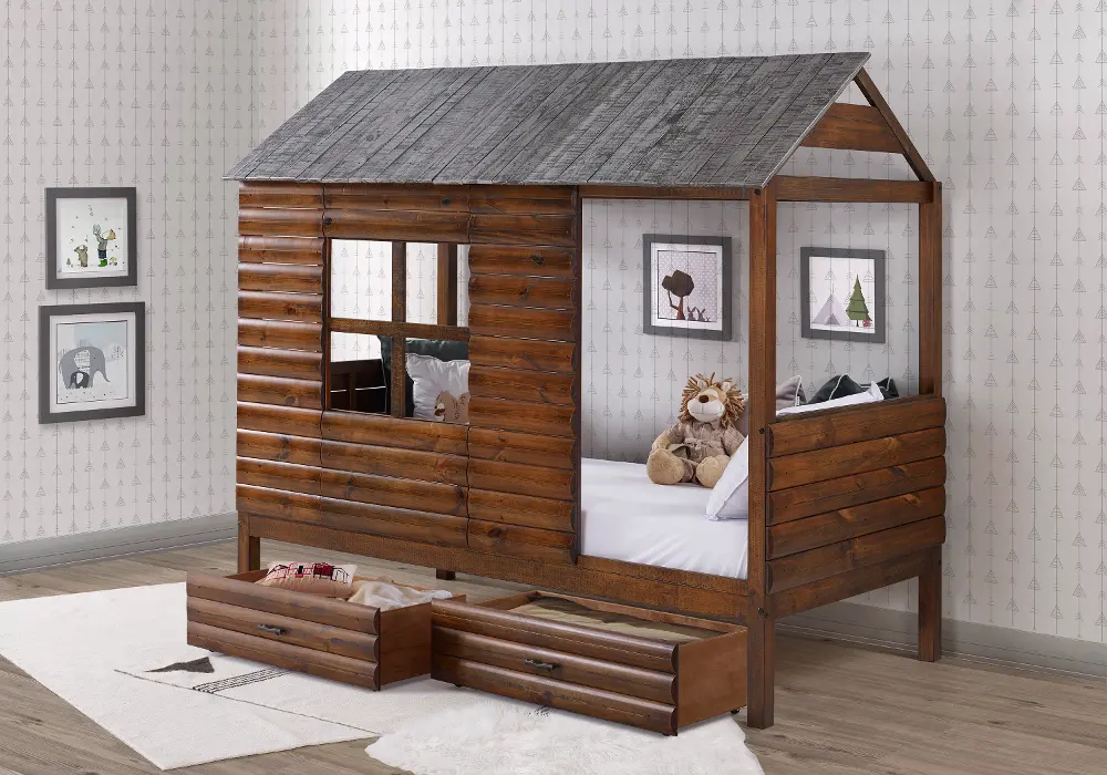 Rustic Walnut Brown Twin Low Loft Bed - Log Cabin-1