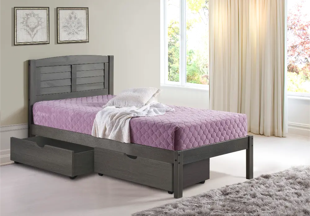 Antique Gray Twin Platform Bed with Storage Drawers - Louver-1
