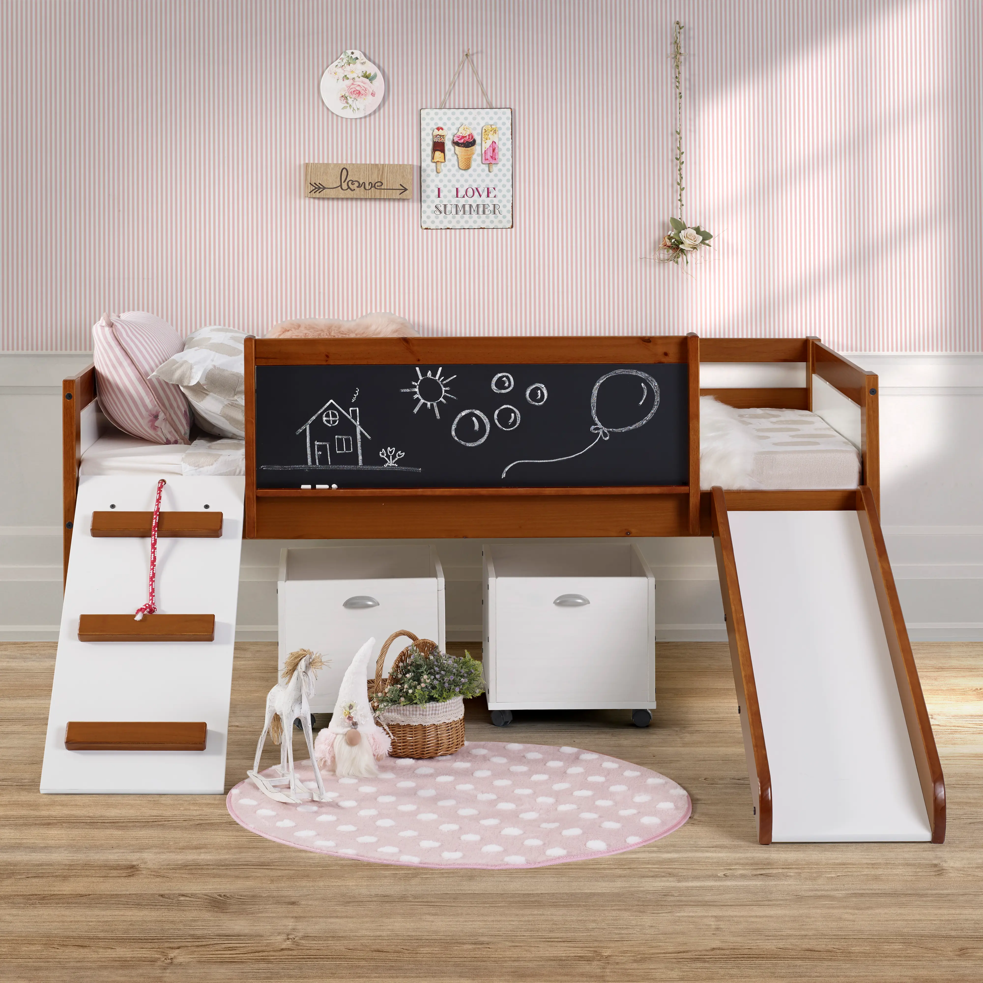 Brown and White Twin Low Loft Bed with Storage - Junior