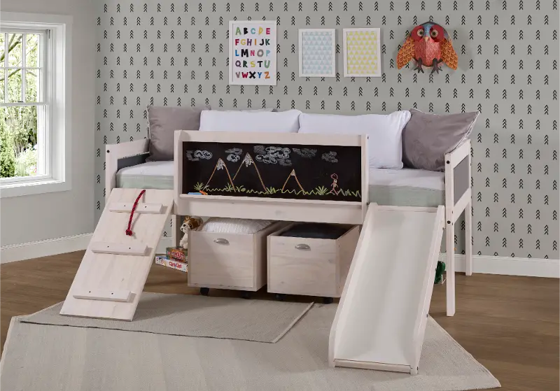 Whitewash Twin Low Loft Bed With, Twin Low Loft Bed With Desk And Storage