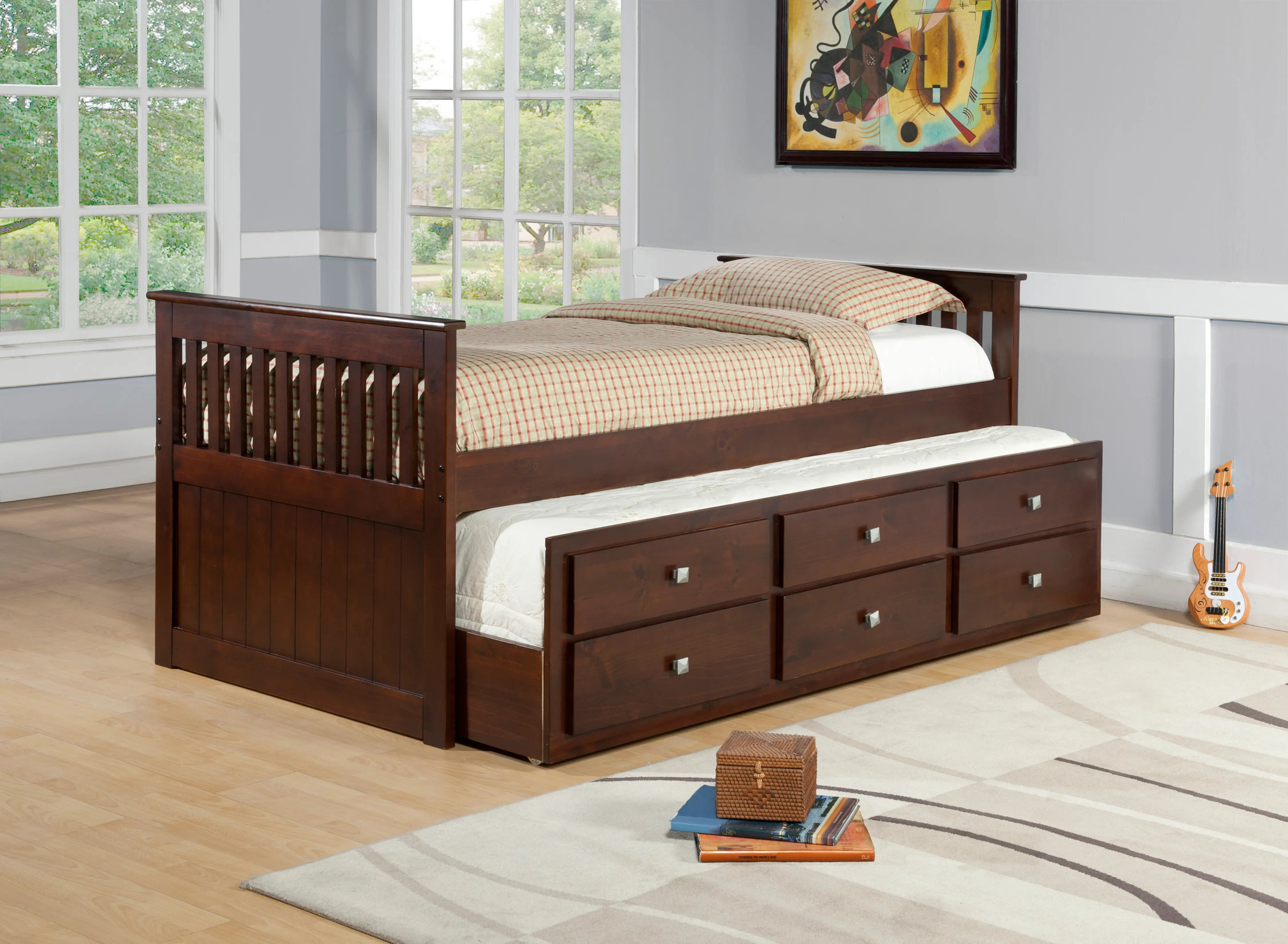 Cappuccino Brown Twin Captains Bed with Trundle and Storage