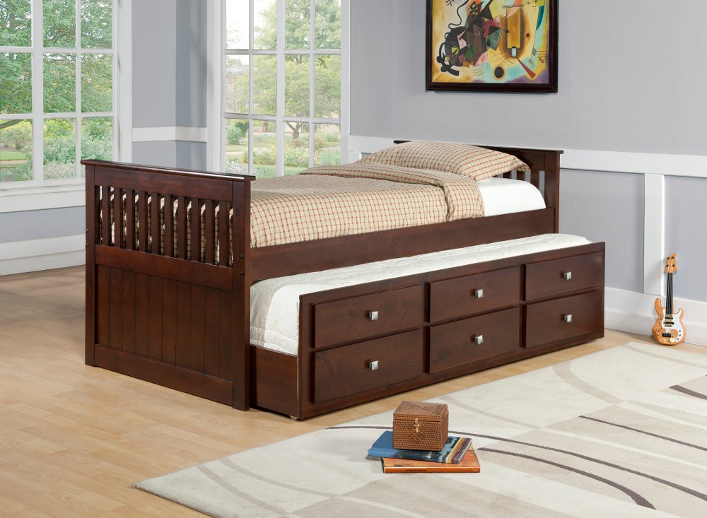 Cappuccino Brown Twin Captains Bed with Trundle and Storage