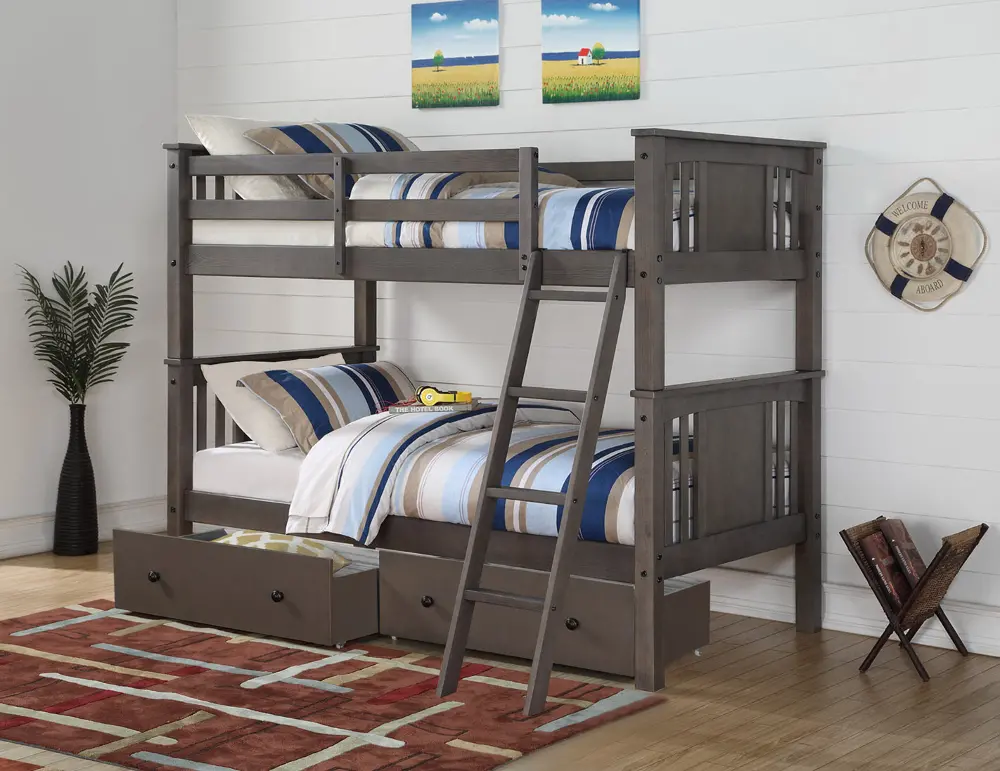 Classic Slate Gray Twin over Twin Bunk Bed with Storage - Princeton-1