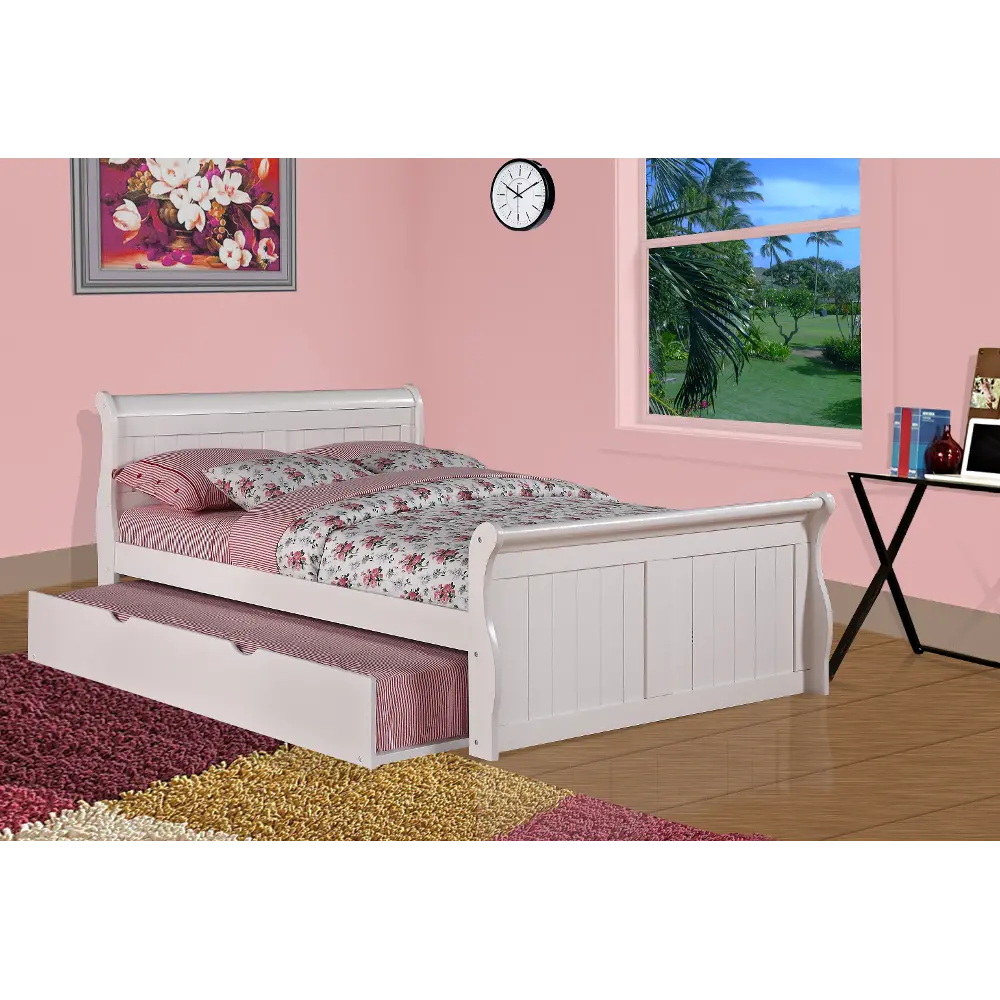 Traditional White Full Sleigh Bed with Trundle - Madilyn-1