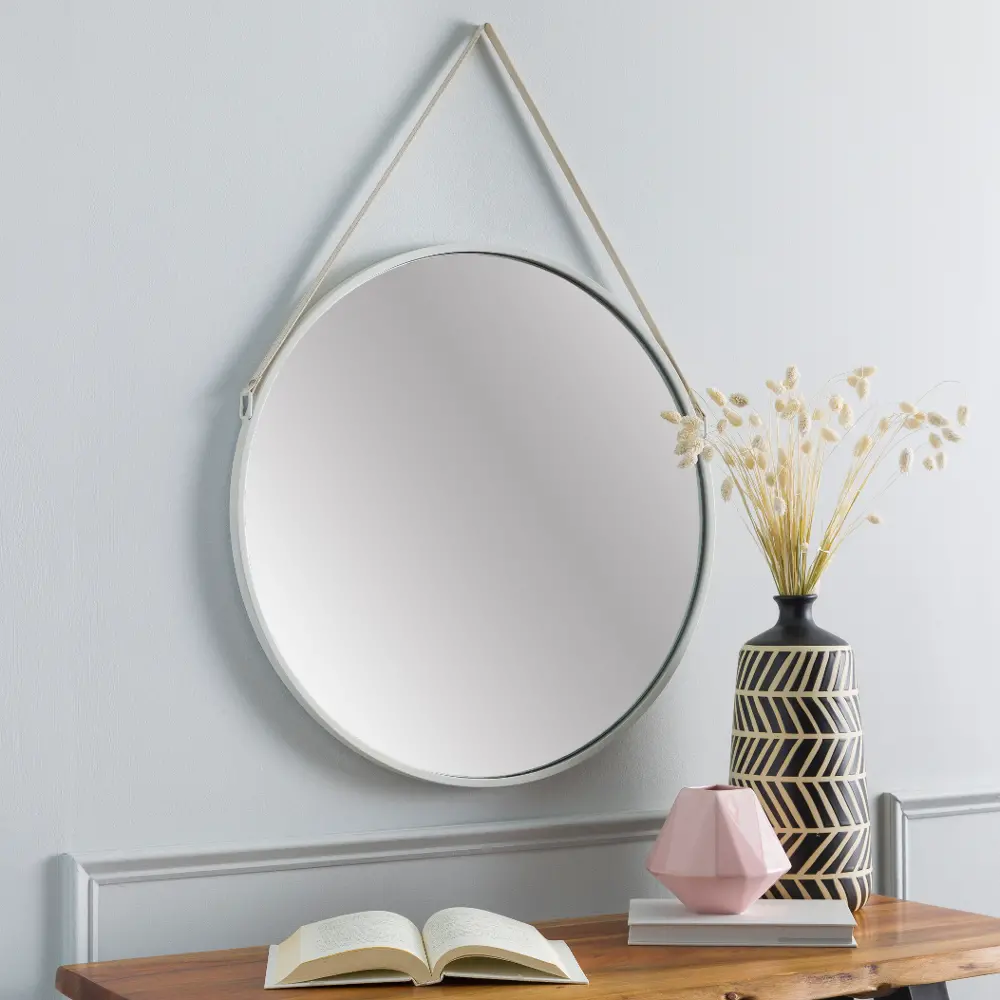 White Framed Round Wall Mirror with Strap - Lathan-1