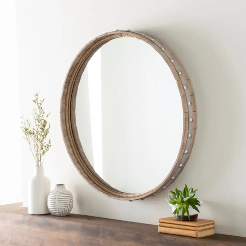 Barrel Edge Wood Framed Round Wall Mirror - Misha-1