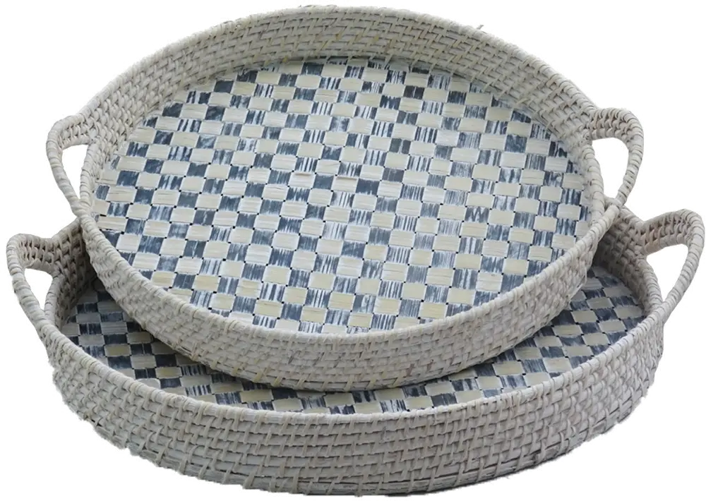 19 Inch Round Blue Rattan Tray with Pattern and Handles-1