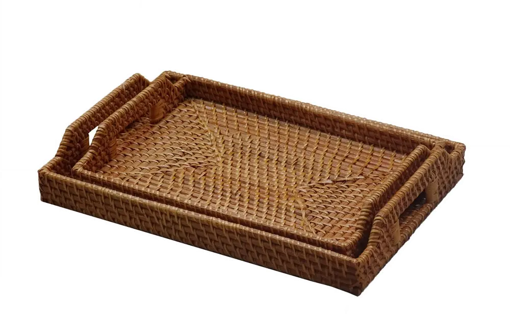 14 Inch Brown Rattan Tray with Handles-1
