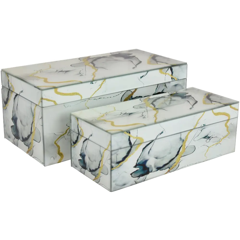 12 Inch Gray and Gold Glass and Wood Decorative Box-1