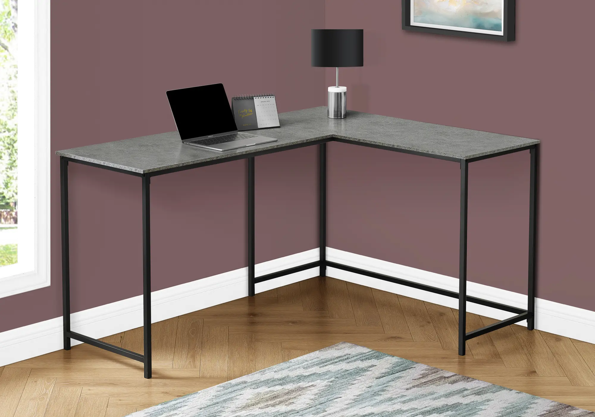Photos - Office Desk Monarch Specialties Lindzee Stone Top and Black L-Shaped Desk I 7392 