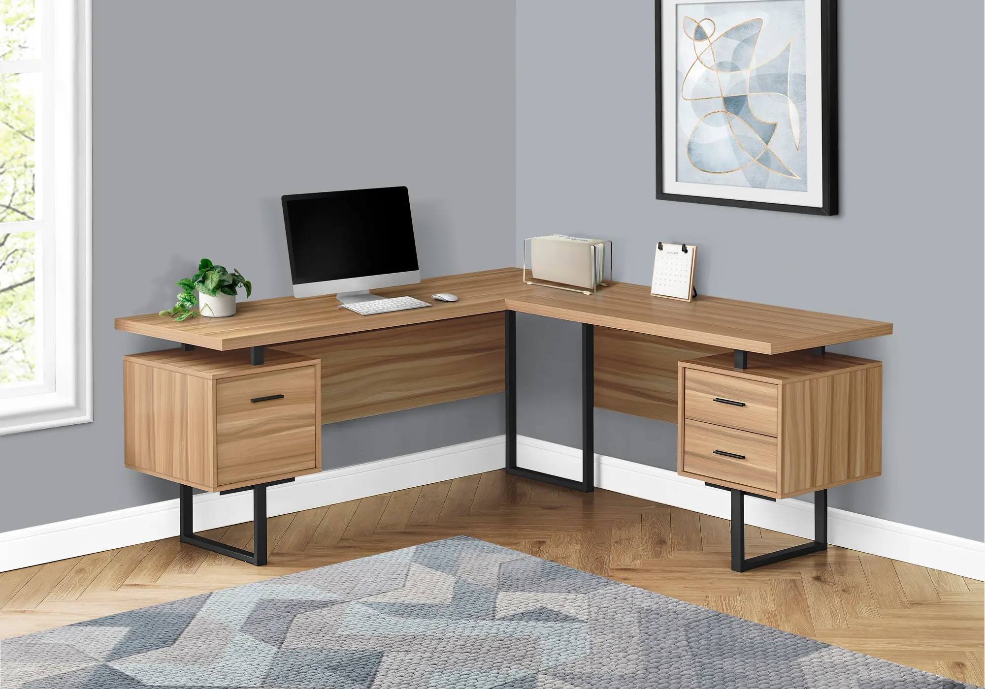 Photos - Office Desk Monarch Specialties Karner Natural Wood and Black L-Shaped Desk I 7612 