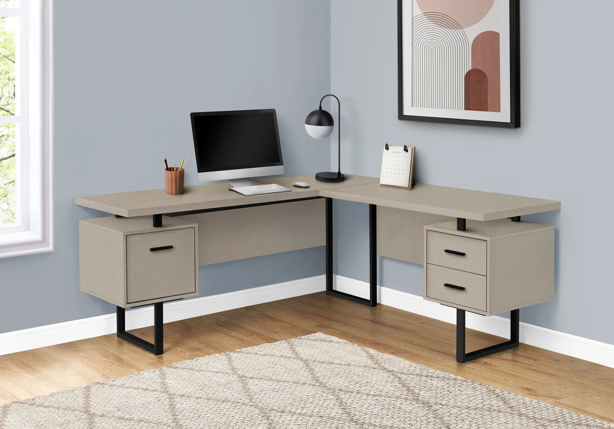 Photos - Office Desk Monarch Specialties Karner Taupe and Black L-Shaped Desk I 7614 