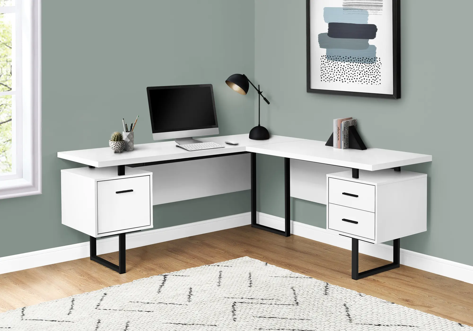 Photos - Office Desk Monarch Specialties Karner White and Black L-Shaped Desk I 7616 