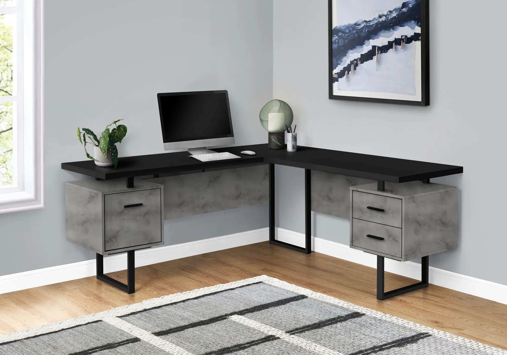 Photos - Office Desk Monarch Specialties Concrete and Black L-Shaped Desk I 7617 