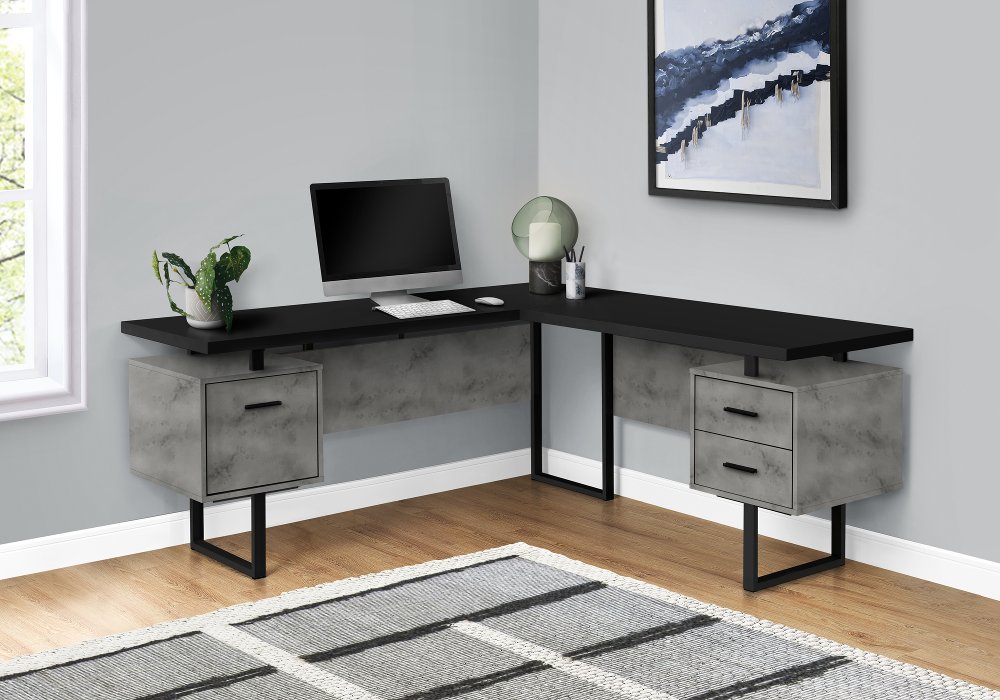 Concrete and Black L-Shaped Desk