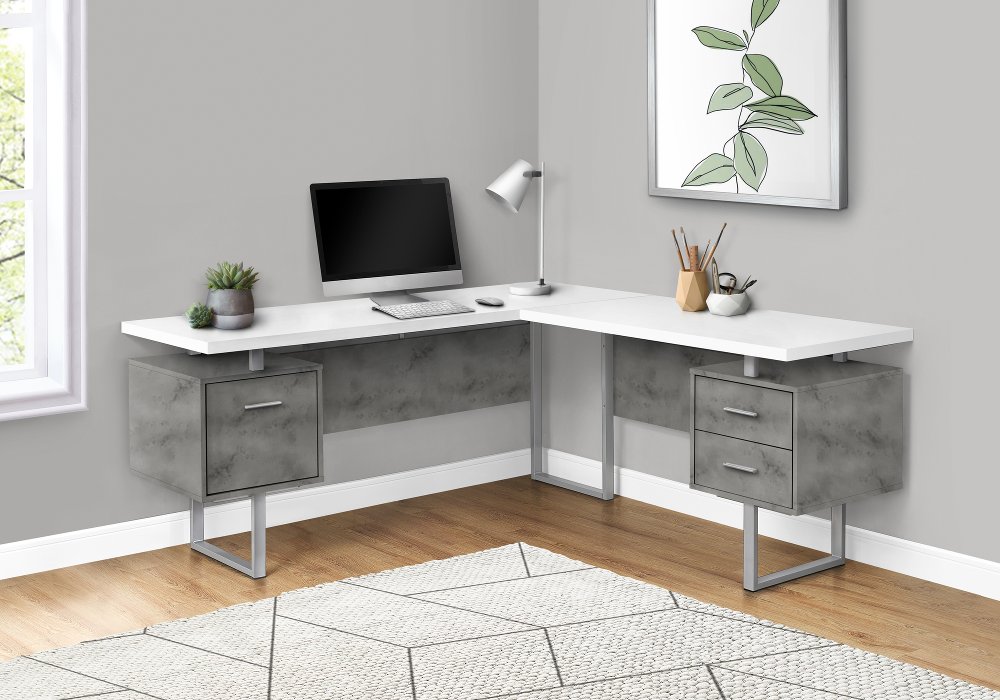 Concrete and White L-Shaped Desk