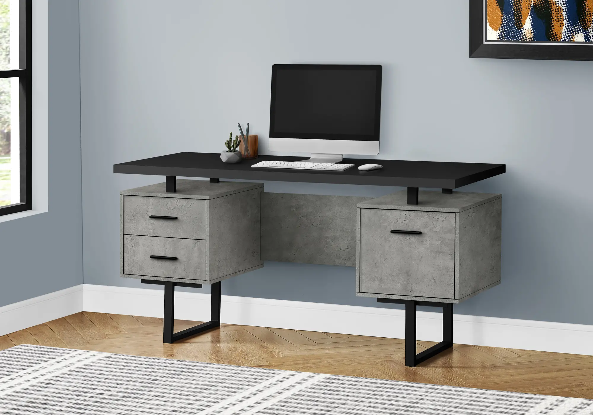 Concrete and Black Computer Desk