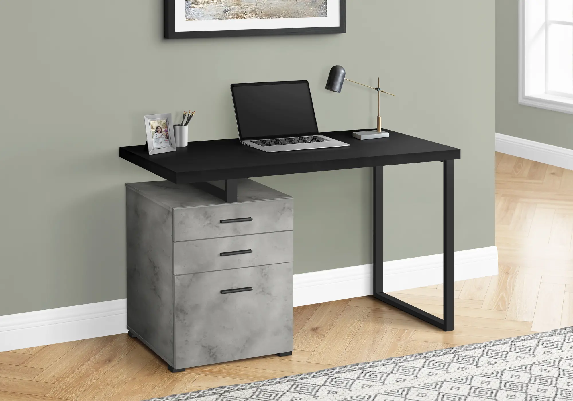 Concrete and Black Computer Desk with File Cabinet