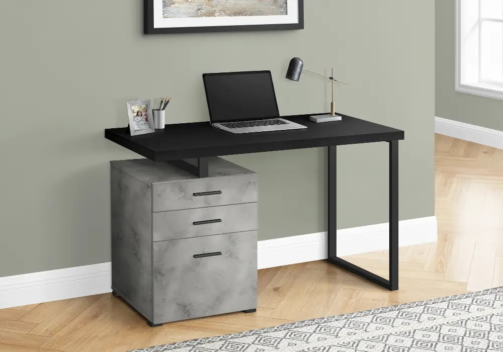 Concrete and Black Computer Desk with File Cabinet-1