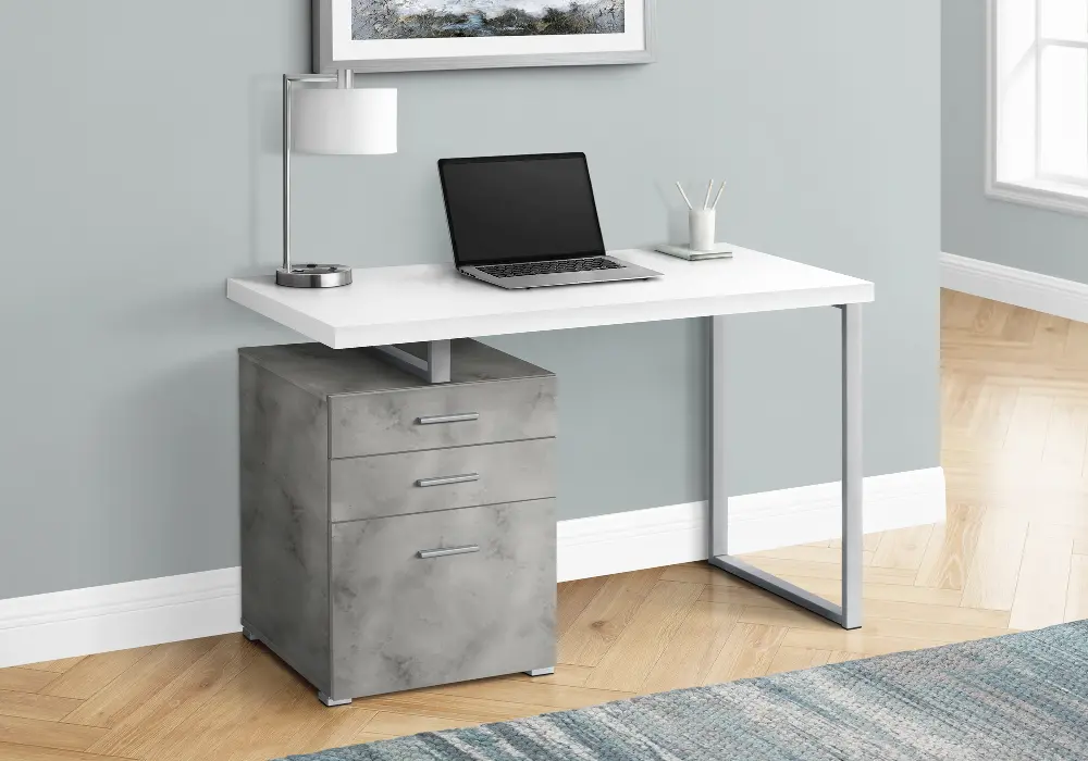 Concrete and White Computer Desk with File Cabinet-1