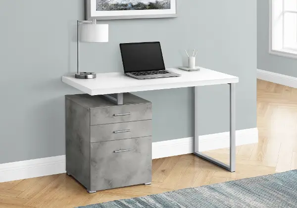Concrete And White Computer Desk With, White Office Desk With File Cabinet