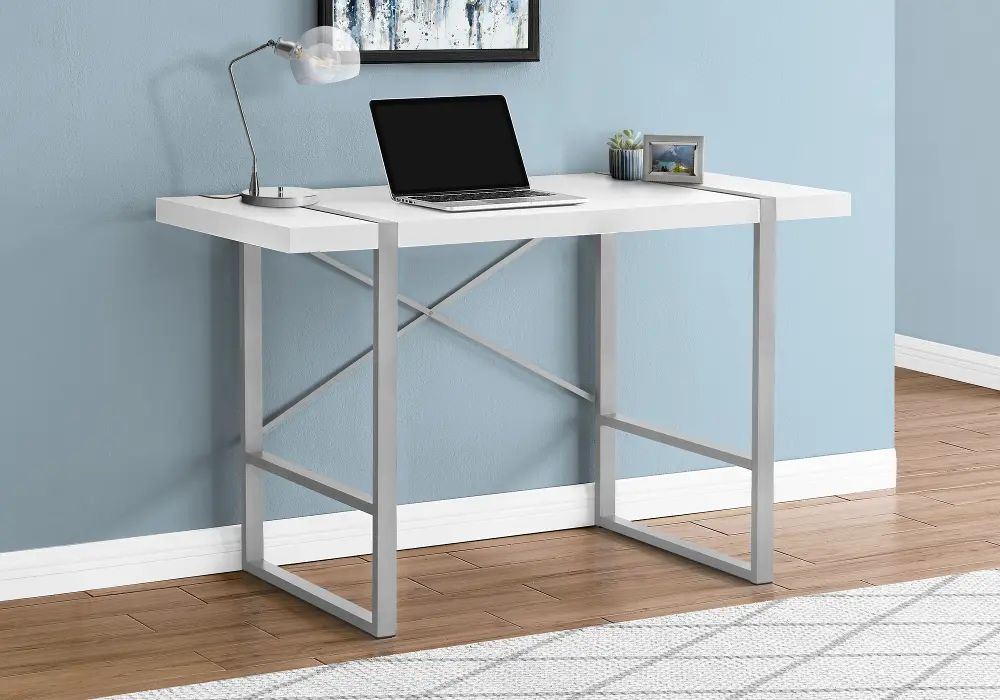 White and Silver Thick Panel Computer Desk-1