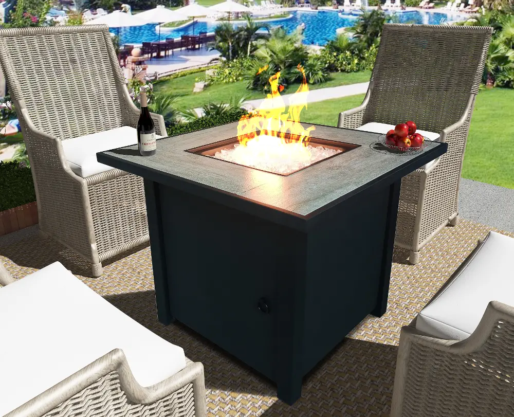 Black Metal and Tile Square Fire Pit with Glass Rocks - Bantana-1
