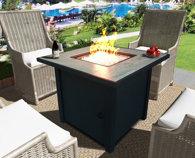 Black Metal And Tile Square Fire Pit, Black Glass Fire Pit