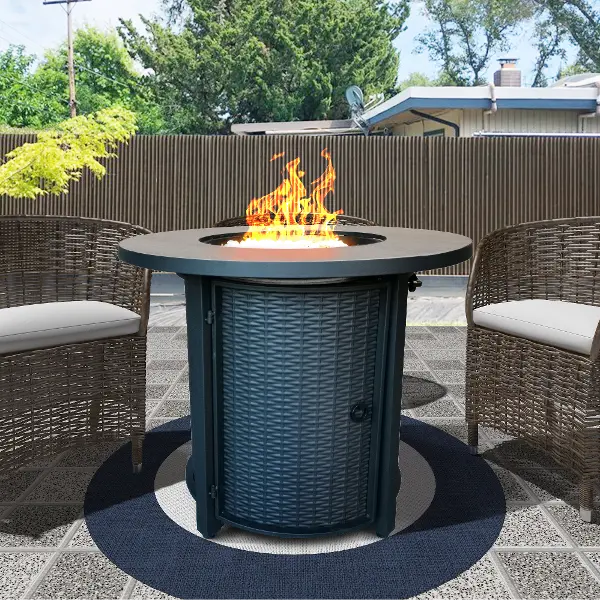 Black Metal And Tile Round Fire Pit, How To Place Glass Rocks In Fire Pit