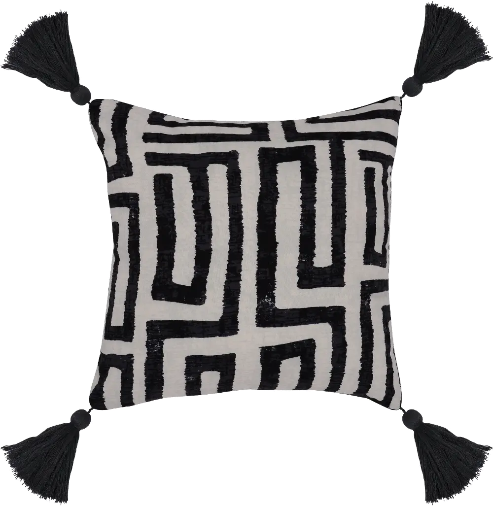 Black Indoor-Outdoor Karo Throw Pillow with Tassels-1