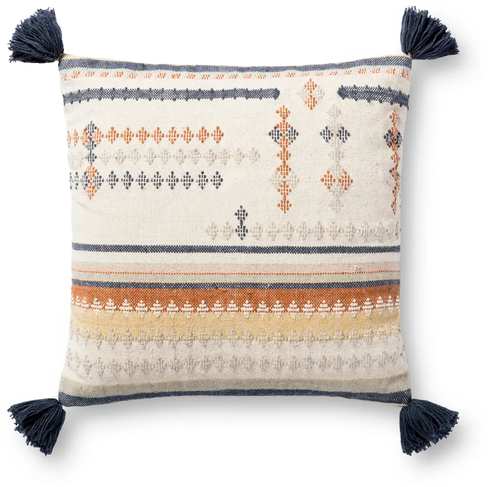 P1159MHMULTI/18X18 Magnolia Home Furniture Multi Color Throw Pillow with Blue Tassels-1