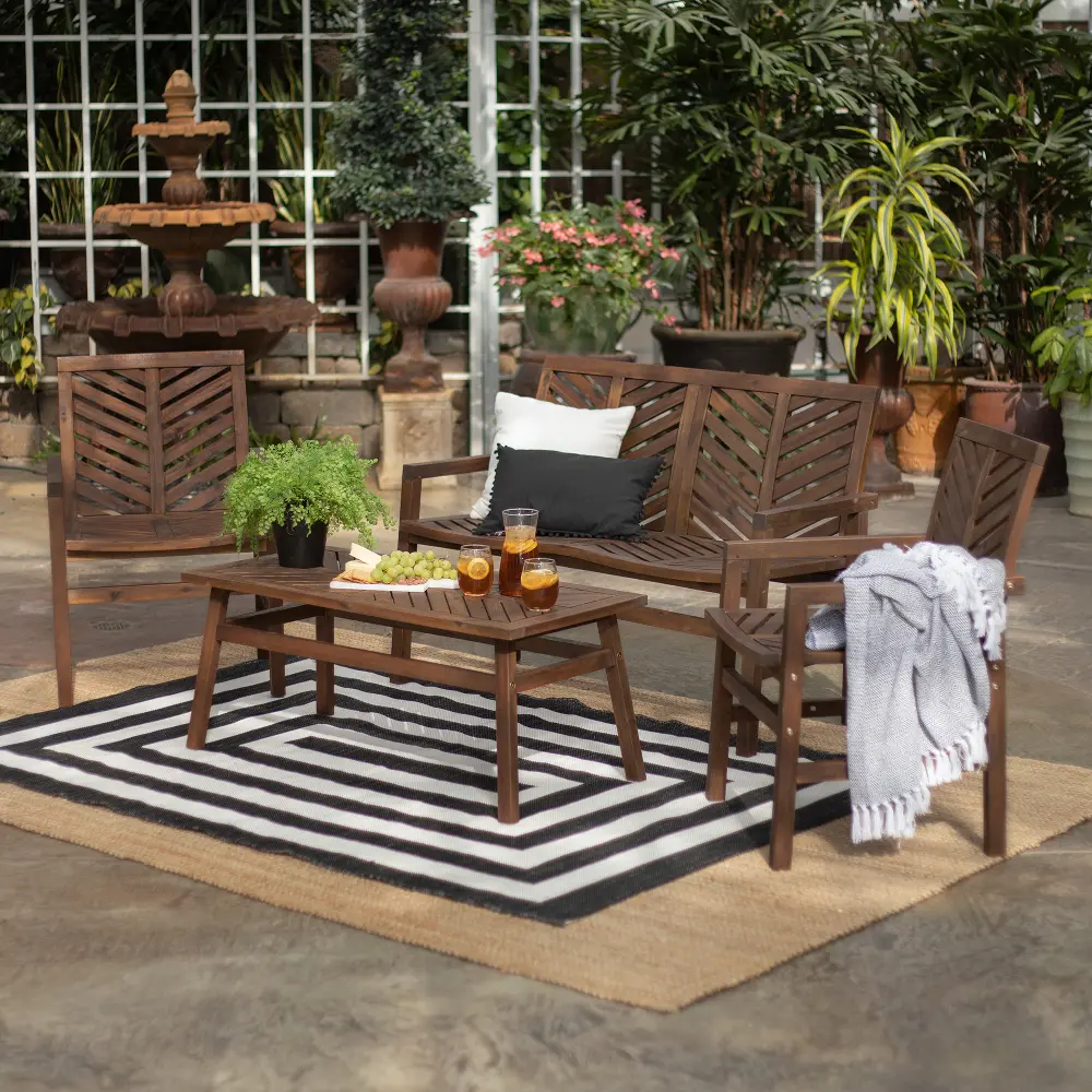 OW4CGVINDB Vincent Dark Brown Patio Chat Set with Bench and Chairs - Walker Edison-1