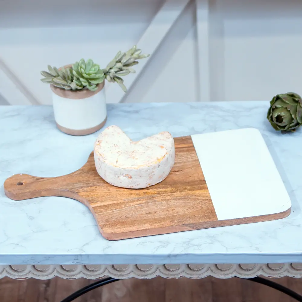 Mango Wood Cutting Board with Handle and White Enamel Accent-1