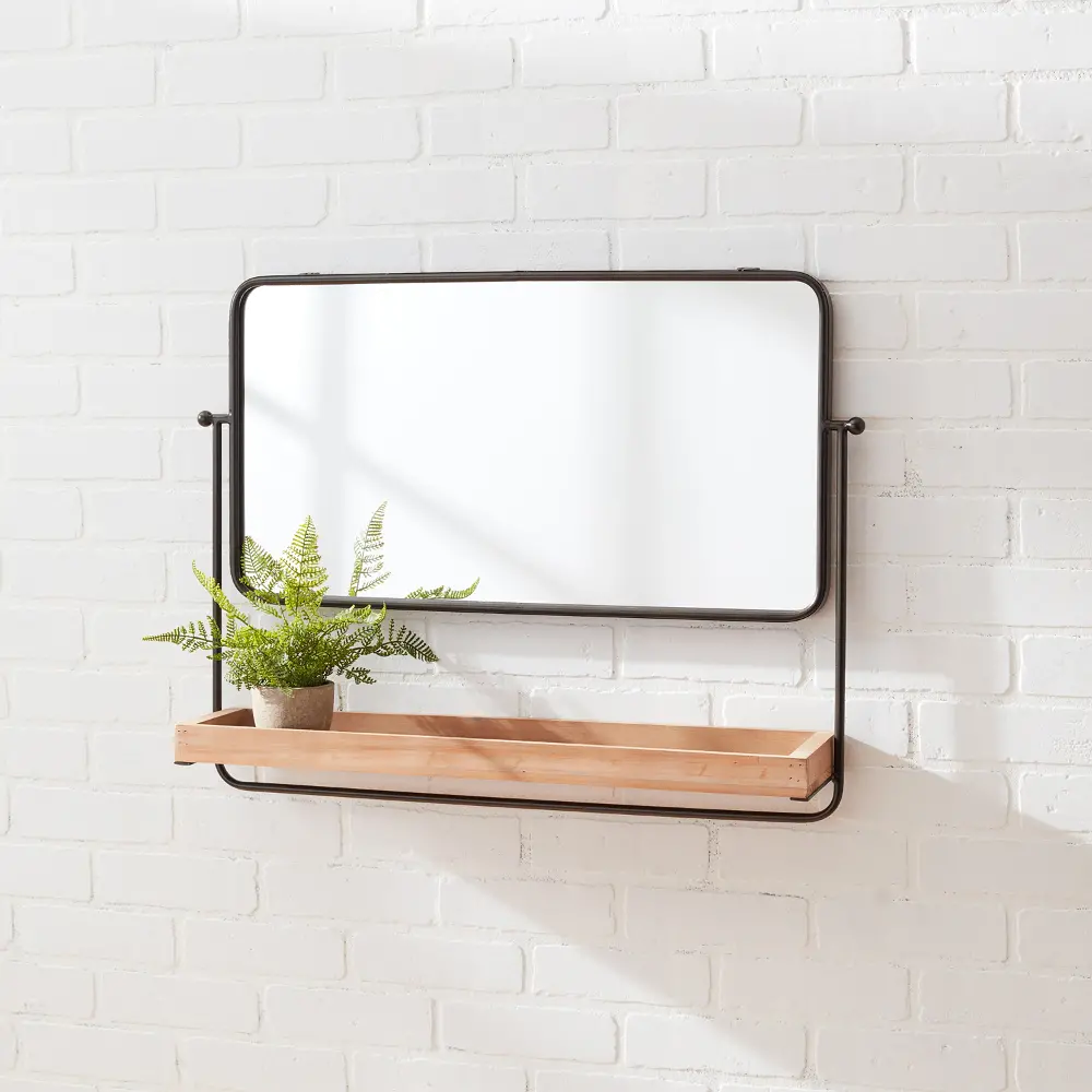 Metal and Wood 28 Inch Wall Mirror with Shelf-1