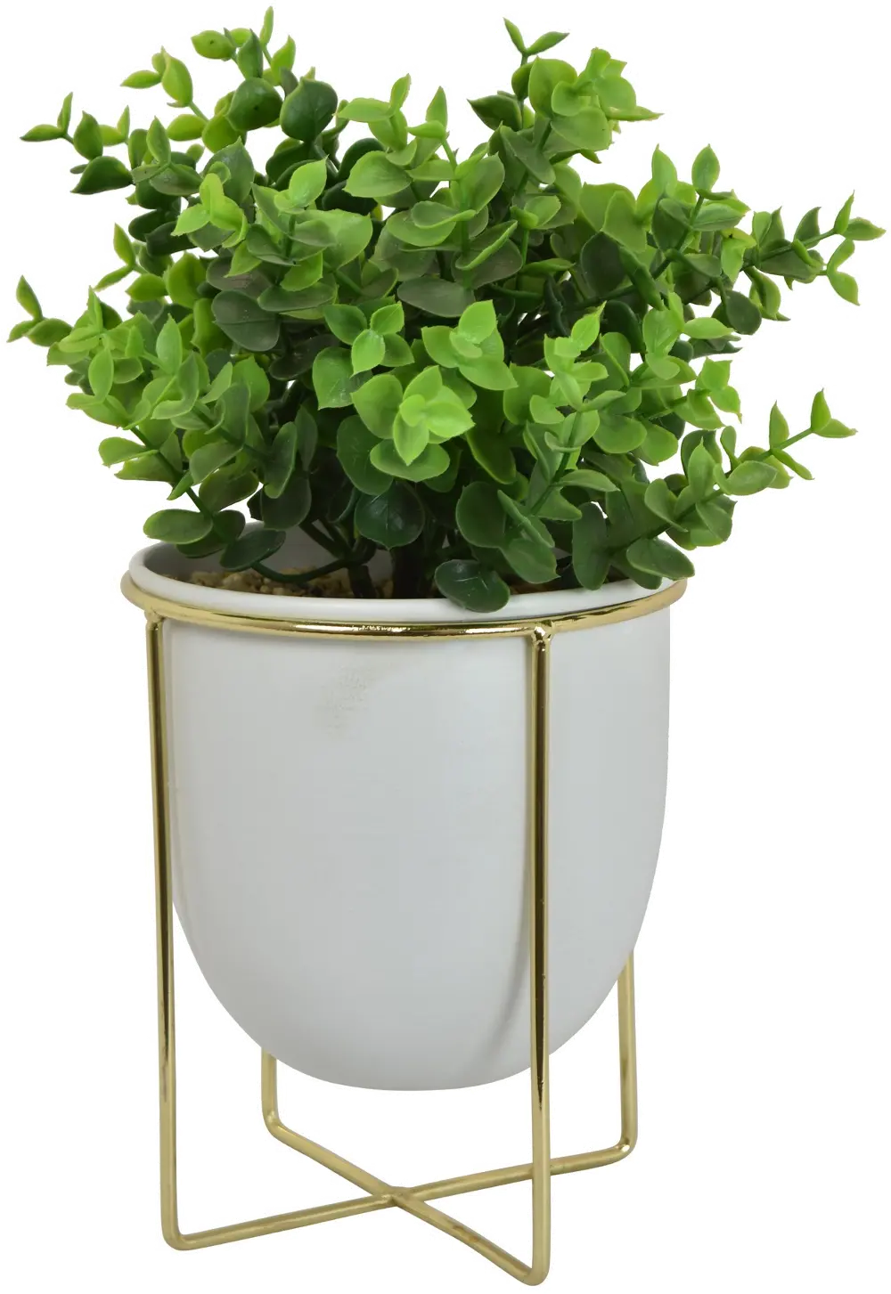 Faux Green Plant Arrangement with White Planter and Metal Stand-1