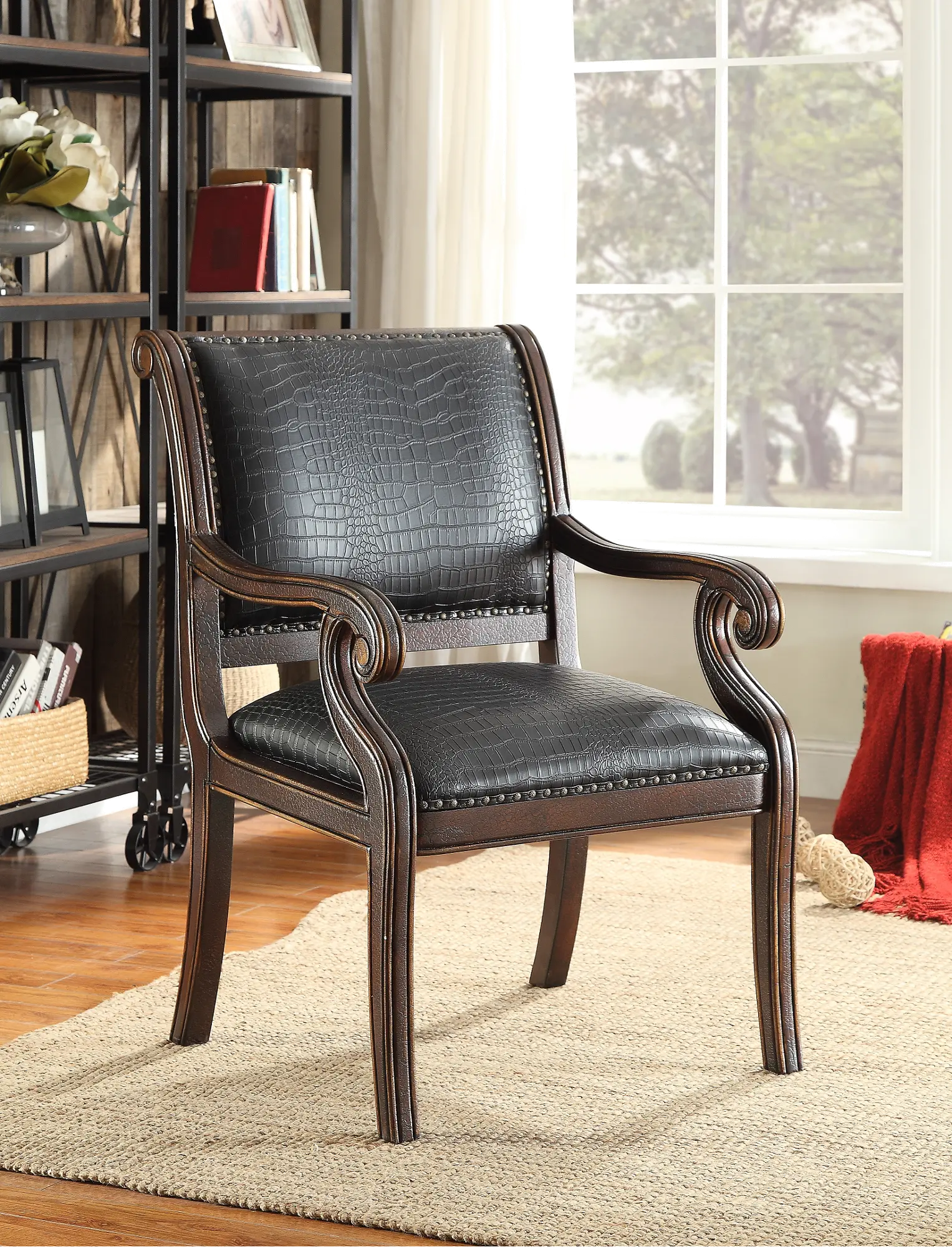 Black Leather-Like Accent Chair with Rich Brown Frame