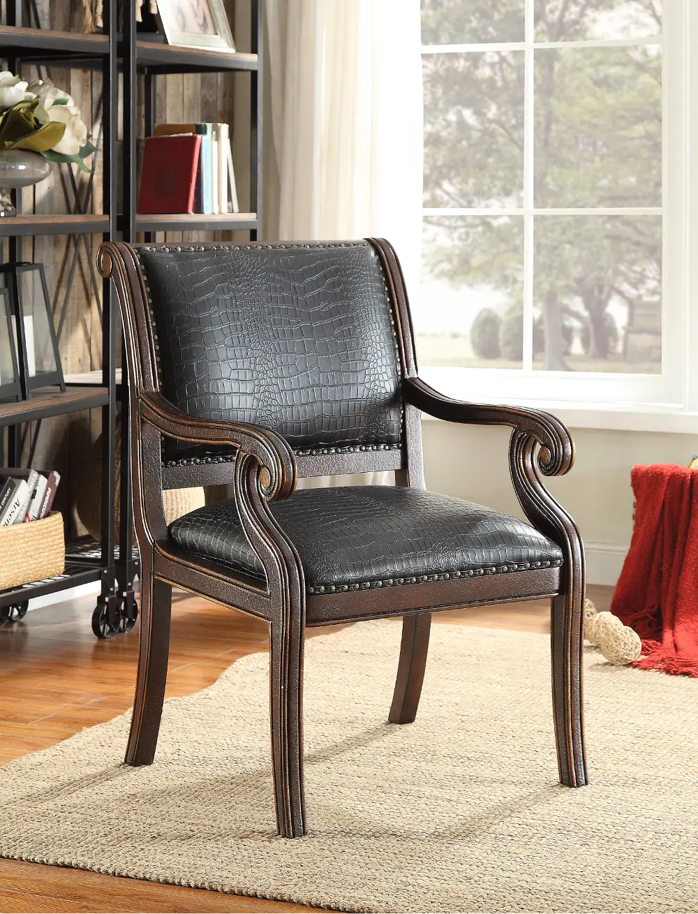 94032 Black Leather-Like Accent Chair with Rich Brown Frame-1