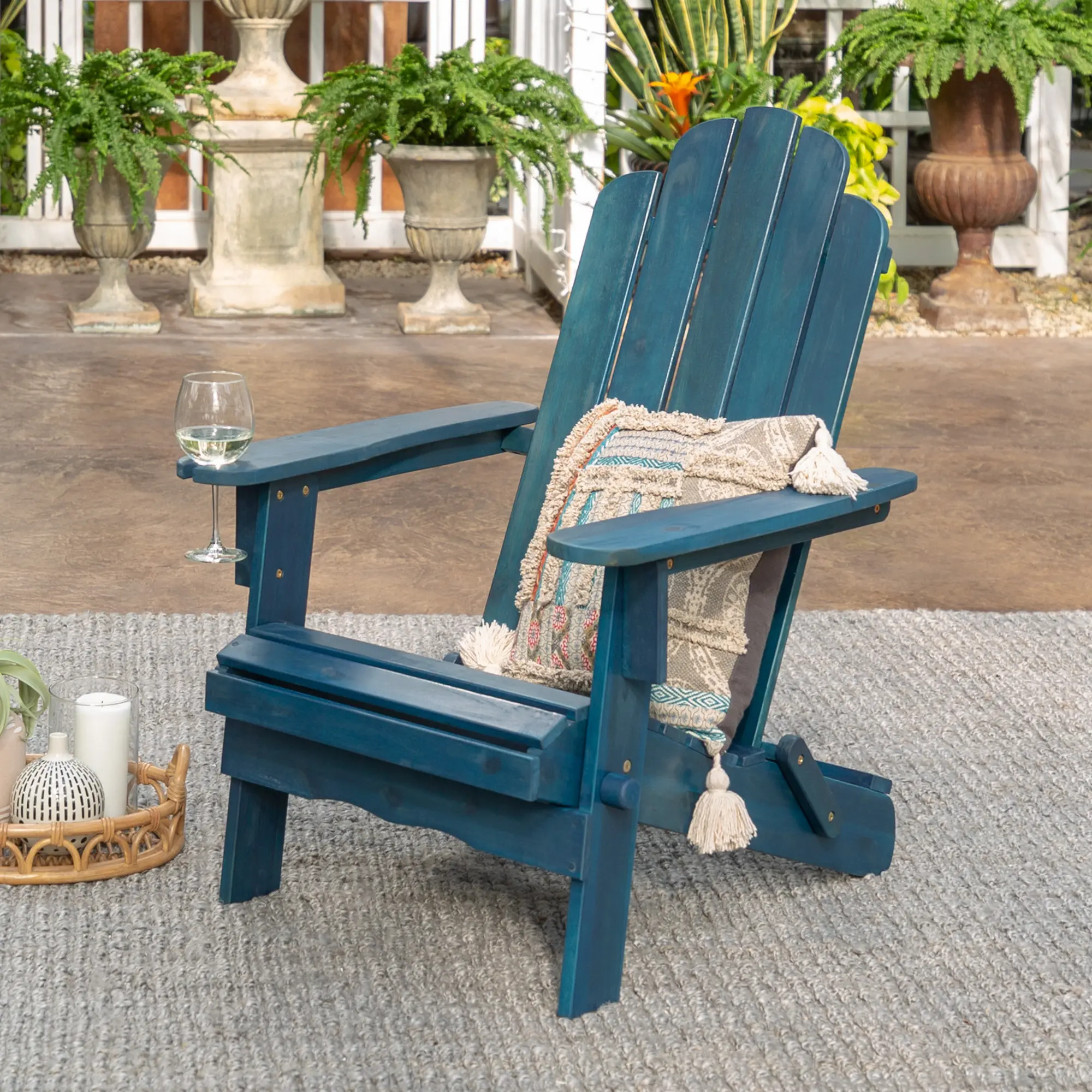 Navy Wood Adirondack Patio Chair with Glass Holder - Walker Edison